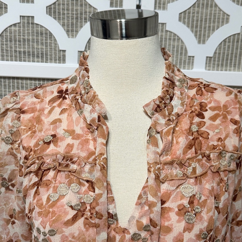 Anthropologie BTFL-life‎ Floral Puff Sleeve Blouse Womens M Cottage Ruffle Sheer - Picture 3 of 13